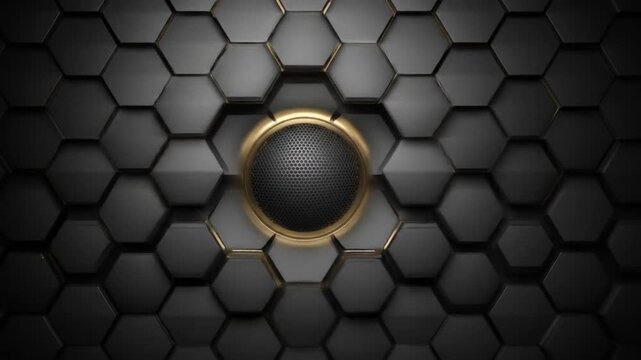 Modern geometric design with a central golden-rimmed speaker in a dark hexagonal pattern.