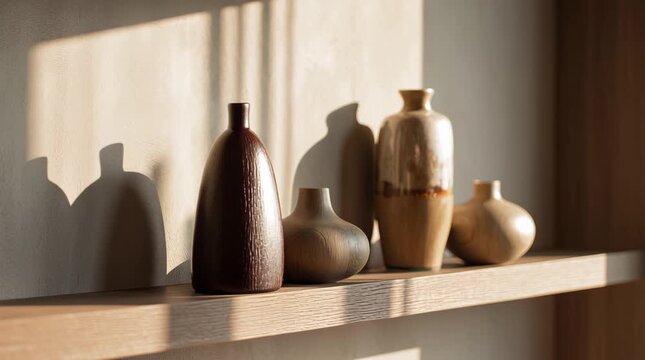 Ceramic vases create a beautiful interplay of light and shadow on a wooden shelf, showcasing their textures and shapes in a serene setting