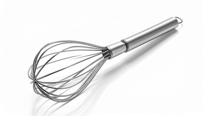 Wooden-handled balloon whisk with stainless steel wire loops and metal ferrule, placed against a plain background to highlight its functional kitchen design.