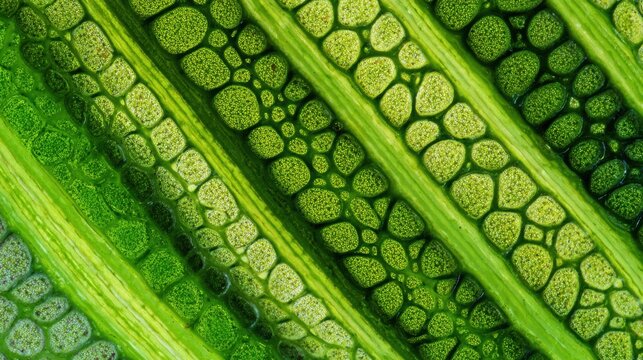 cross section of a fern leaf under microscope, showing layered green cells and vein structure in botanical clarity