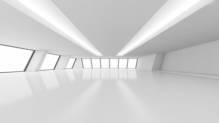 Minimalist white interior with slanted windows and reflections
