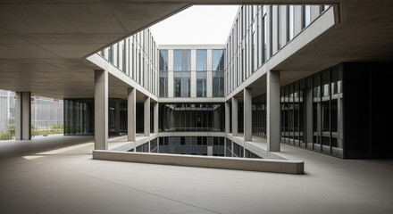 Obraz premium Modern courtyard with concrete columns and reflective water feature 