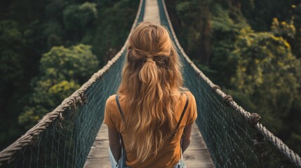 A woman with long blonde hair walks on a suspension bridge through a lush green forest.
