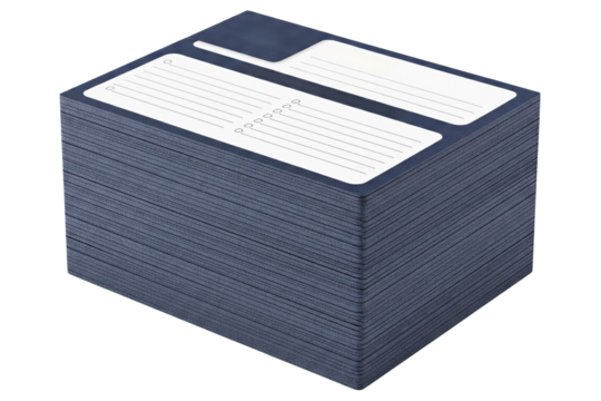 Tall stack of preprinted blue paper filing index cards isolated on a transparent background