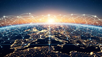 Global network connections over Earth with vibrant city lights at night