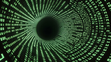 Abstract background of glowing green binary code with endless falling numbers one and zero on black screen symbolizing programming, hacking, cyber security, and futuristic digital technology concept