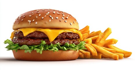 A double cheeseburger with french fries, isolated on white.