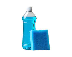 A plastic container filled with blue dish soap is shown from the front, next to a blue cleaning sponge, all set against a white background.