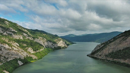 Fototapeta premium Aerial view on Danube river and mountains