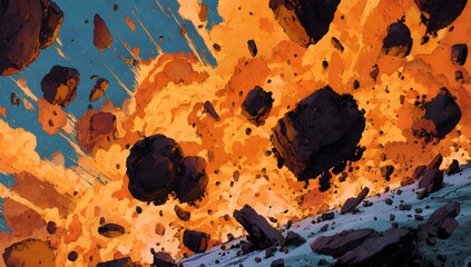 Anime meteor shower impact explosion in rocky landscape