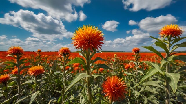 Vibrant safflower field under blue sky, golden blossoms in full bloom, natural agriculture landscape with colorful floral farming scenery