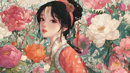 Elegant anime woman in traditional floral attire with blooming background