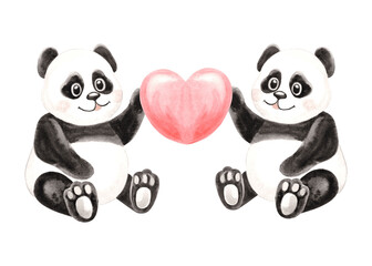 Two cute pandas with heart watercolor illustration for kids design. Hand drawn isolated funny little black and white bear Smiling adorable animal character for children theme. Valentine card template