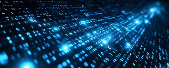 Fototapeta premium Abstract blue digital background with binary code numbers and glowing data flow lines symbolizing technology, programming, cyber security, and futuristic information network communication systems