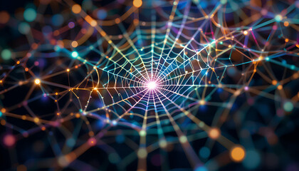 Abstract digital network visualization with glowing nodes and connections, resembling a spider web illuminated by vibrant colorful lights, creating a sense of interconnectedness and data flow