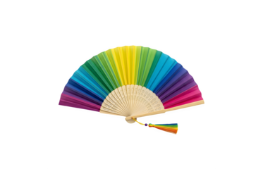 A hand fan on a white background, featuring vibrant rainbow colors.