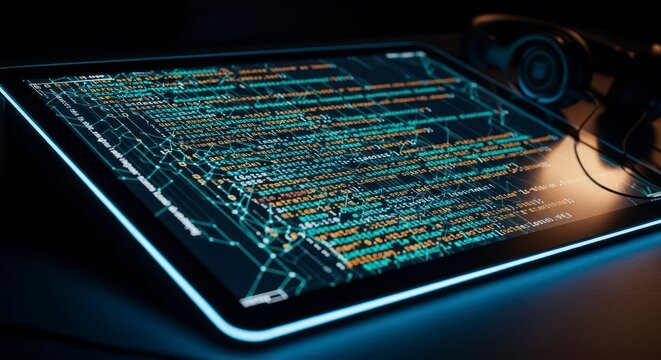 Tablet Displaying Code Data with Headphones in Dim Lighting