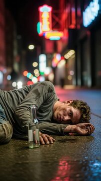 Drunk man lying on wet city street at night with bottle under neon lights