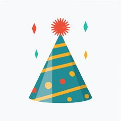 Teal party hat with yellow stripes and colorful dots