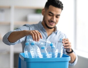 Man sorting plastic bottles into recycling bin