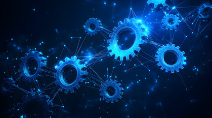 Obraz premium Geometric abstract digital design with blue low poly shapes, gears, and data connections on dark background representing innovation, cloud computing, and futuristic technology systems
