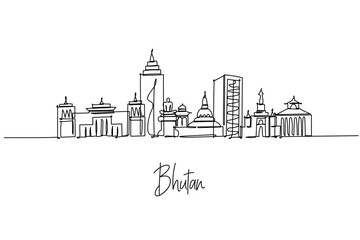 Fototapeta premium Bhutan skyline rendered as a one line drawing, a city skyline concept with Thimphu and Paro forms, highlighting Tashichho Dzong and Memorial Chorten to reflect Bhutan culture theme in minimal style.
