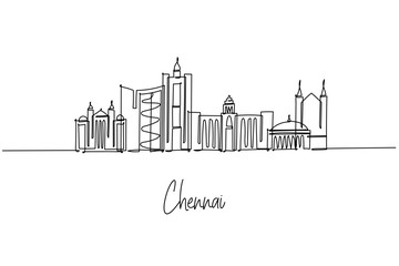Chennai city skyline shown as a continuous line drawing, a concept with Tamil Nadu theme highlighting Marina Beach, Kapaleeshwarar Temple, Fort St George and Santhome Basilica in clean minimal lines.
