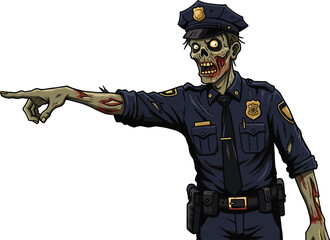 Zombie police officer in tattered uniform pointing finger aggressively, Halloween cartoon horror character concept for undead law enforcement, patrol, and creepy costume themeZombie police officer in 