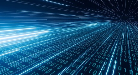 Immersive digital stream of binary code and light streaks offering a futuristic, high-tech feel for innovative technology concepts and data solutions