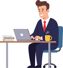 Smiling businessman working on laptop at desk with coffee cup and books, office productivity, professional, remote work, business success concept.