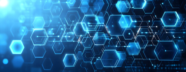 Fototapeta premium Futuristic hexagonal network design with blue and white geometric shapes forming an abstract circuit board illustration for technology innovation, communication, and presentation concepts