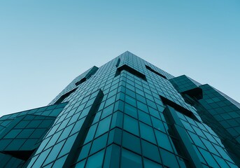 Modern teal glass building facade against a clear blue sky