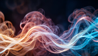 Ethereal dance of smoke and light, with swirling tendrils of pink and blue hues creating a mesmerizing, fluid, and abstract visual