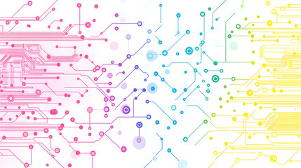 Obraz premium Abstract electronic diagram with pastel traces and tiny nodes forming interconnected circuits over pure white background representing innovation, cloud computing, and digital transformation
