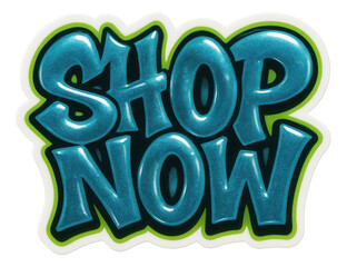 Glossy bubble sticker with SHOP NOW promo in vibrant blue lettering, dynamic retail discount offer on transparent background.