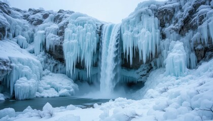 Majestic Frozen Waterfall Surrounded by Icy Formations in a Serene Winter Landscape