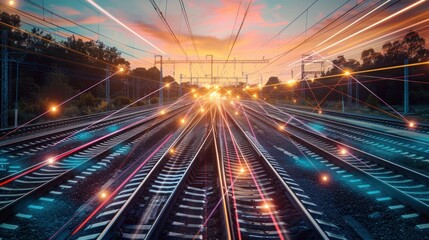 Fototapeta premium Dynamic railway tracks illuminated with vibrant trails against a twilight backdrop