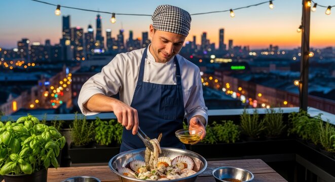 Smiling Chef Cooking Seafood on Rooftop at Dusk with City View
