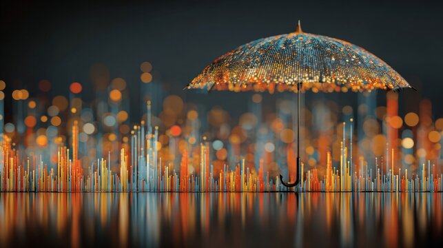 The invisible shield: visualizing digital protection. Market opportunity. Subtle cyber protection: laptop under a glowing umbrella representation. Business strategy. Economic forecast.