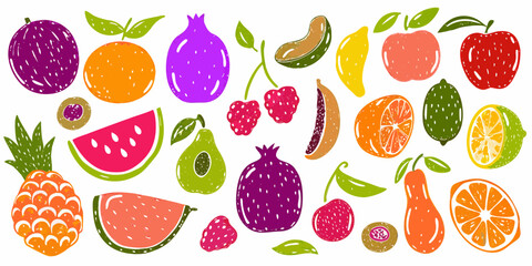 Vibrant hand drawn assortment of fresh fruits and berries collection