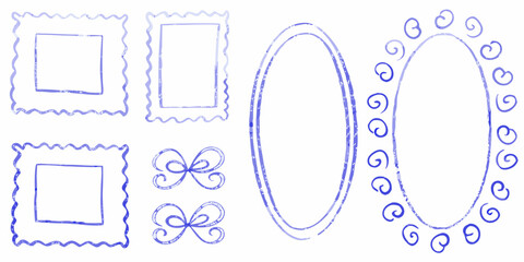 Collection of hand drawn blue watercolor frames and decorative elements on a white background