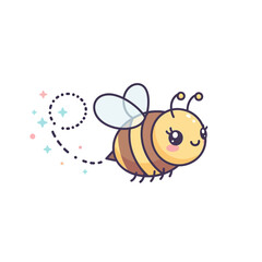 A delightful cartoon bee with big expressive eyes joyfully flies, leaving a whimsical dotted trail adorned with sparkling elements on a clean white background.