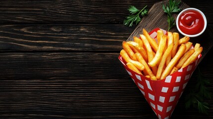 Crispy golden French fries in a red and white paper cone on a dark wooden table.  A small bowl of ketchup and fresh parsley are next to the fries