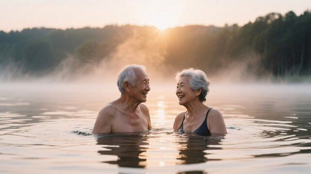 Happy older couple swimming in lake at dawn, mist above water, wellness habit symbolizing healthy aging and vitality