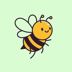 A charming, hand-drawn cartoon bee with a cheerful expression gracefully flies across a soft, pastel green background, embodying nature's joy.