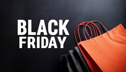 Black Friday sale banner with bold white typography and colorful shopping bags, symbolizing discounts, retail promotions, and holiday shopping season.