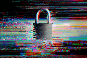 Cybersecurity glitch art padlock with digital distortion effects, conveying a sense of vulnerability in the modern digital landscape and the importance of data protection