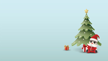 3D decorated Christmas tree with cute Santa Claus doll and gift boxes on light blue background graphic illustration have blank space.