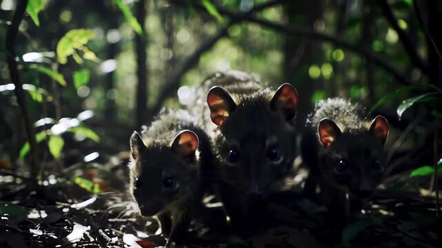 Three cute quolls in forest. Native Australian animals in natural habitat. Wildlife scene in nature.