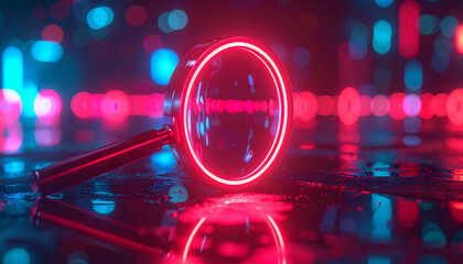 Bright red glowing magnifying glass on black surface. Futuristic tech-inspired composition.